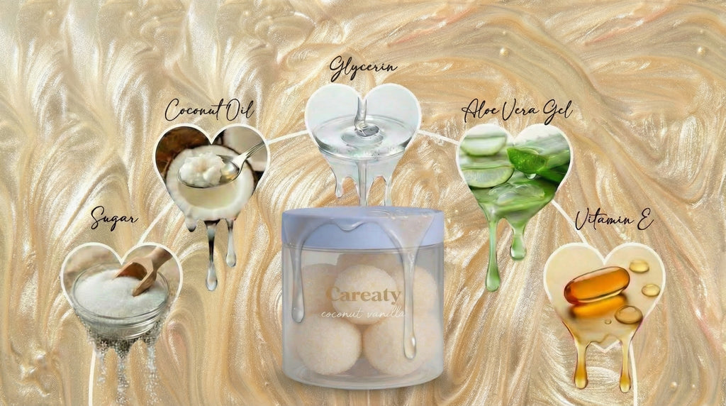 Careaty body scrub ingredients including coconut oil, aloe vera and vitamin E