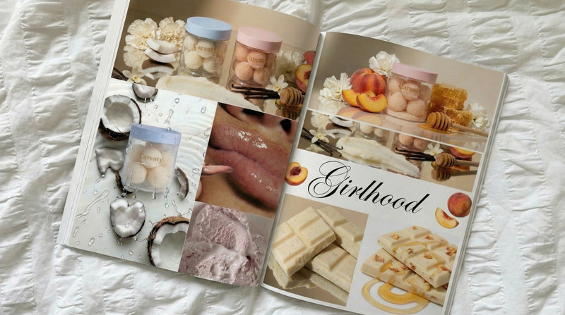 Careaty self-care moodboard with body care products and feminine textures