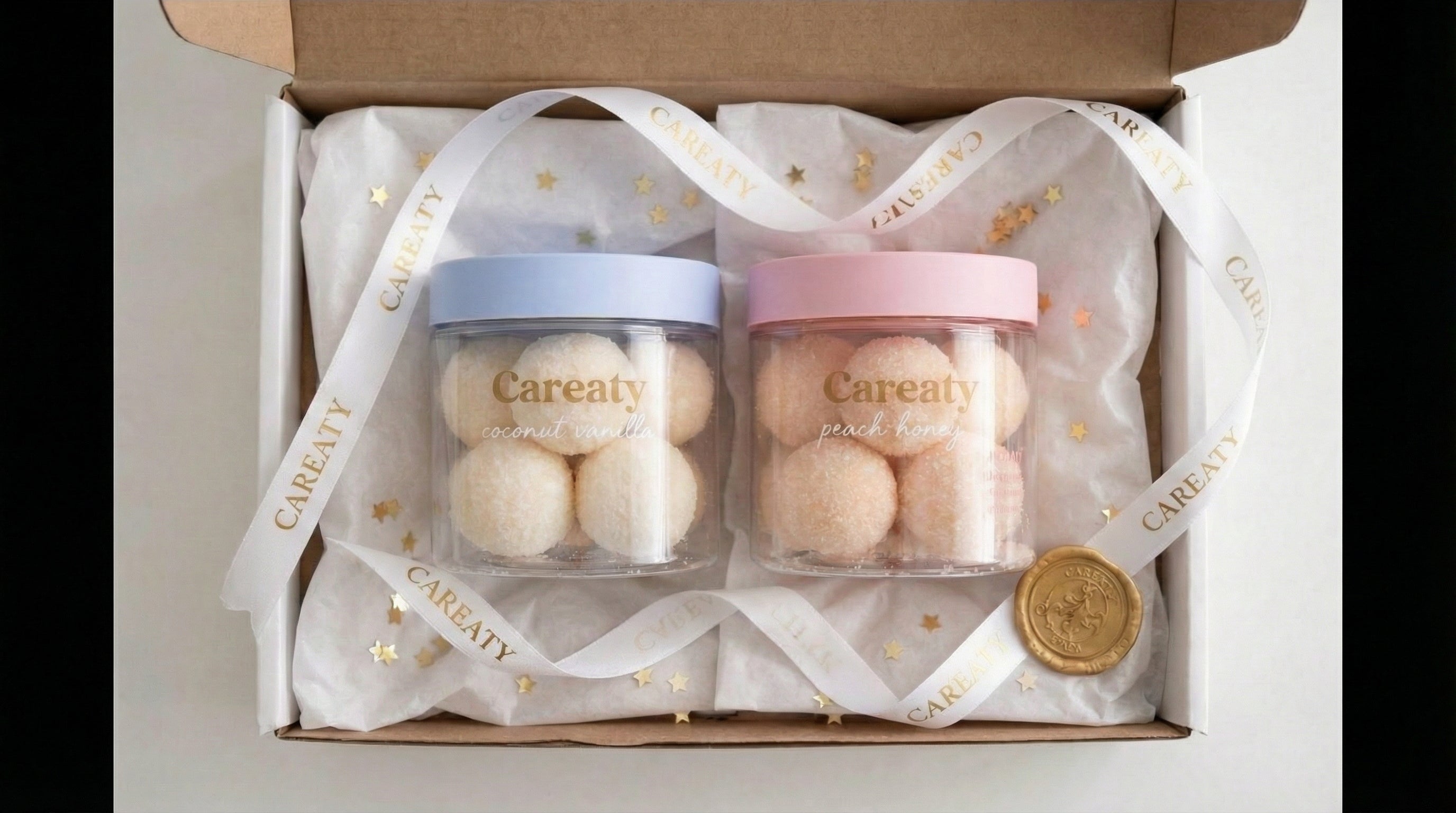 Careaty body scrub gift box with peach honey and coconut vanilla scents