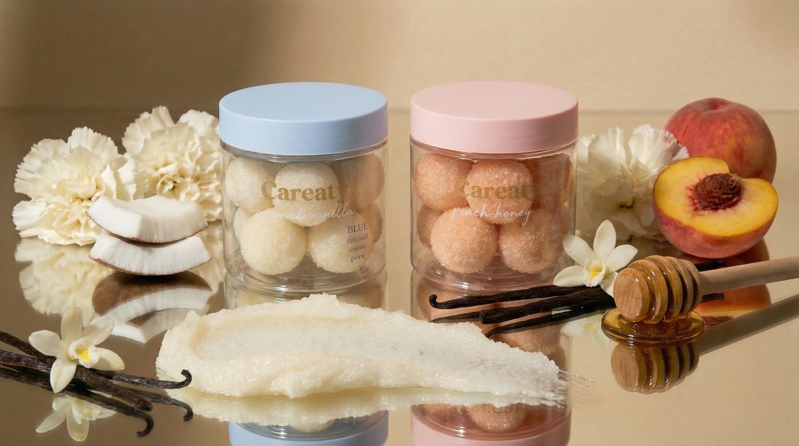 Careaty body scrub with peach honey and coconut vanilla ingredients